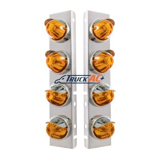SS Front Air Cleaner Bracket With 8X Glass Watermelon Lights & SS Visors For Peterbilt -Amber Lens - United Pacific 30986