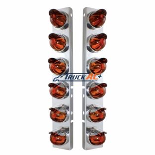 SS Front Air Cleaner Bracket With 12X Glass Watermelon Lights & SS Visors For Peterbilt-Dark Amber Lens - United Pacific 30997