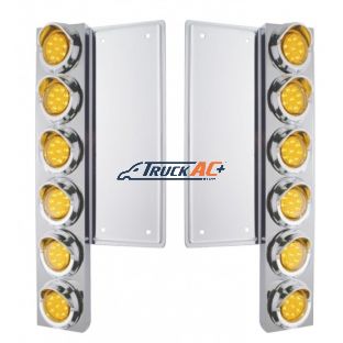 FL SS Front Air Cleaner Bracket With 12X 9 LED 2" Reflector Lights & Visors -Amber LED & Lens - United Pacific 34577