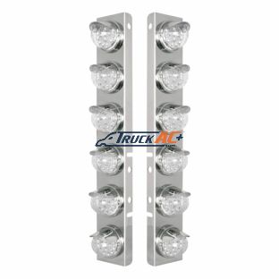 SS Front Air Cleaner Bracket With 12X 17 Amber LED Reflector Lights & SS Visors For Peterbilt-Clear Lens - United Pacific 39839