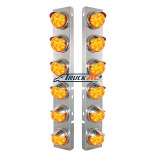 SS Front Air Cleaner Brkt With 12X 17 Amber LED Dual Func. Watermelon Lights & SS Visors For Peterbilt-Amber Lens - United Pacific 39848