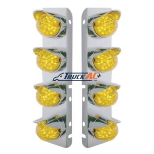 SS Front Air Cleaner Bracket With 8X 17 Amber LED Dual Function Reflector Lights & SS Visors For Peterbilt-Amber Lens - United Pacific 39858