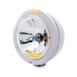 Stainless Steel Bullet Classic Headlight H4 With 10 Amber LED & LED Signal - Clear Lens - United Pacific 32094