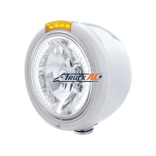 Stainless Steel Classic Half Moon Headlight H4 With White LED & Signal - Amber Lens - United Pacific 32460