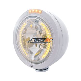 Stainless Steel Bullet Classic Headlight H4 With Amber LED & Dual Mode LED Signal - Clear Lens - United Pacific 32463