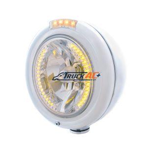 Stainless Steel Classic Headlight H4 With 34 Amber LED & Signal - Clear Lens - United Pacific 32473