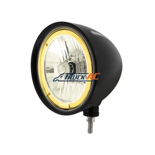 Black "Billet" Style Groove Headlight 9007 Bulb With Amber LED Halo Rim - United Pacific 32669