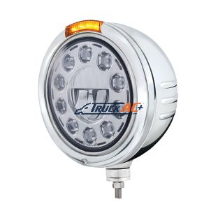 Stainless Steel Bullet Embossed Stripe Headlight 11 LED Bulb & Dual Mode LED Signal-Amber Lens - United Pacific 32748