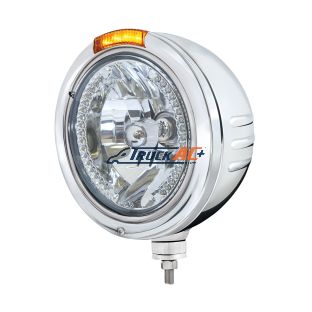 Stainless Steel Bullet Embossed Stripe Headlight H4 With Amber LED & Dual Mode LED Signal - Amber Lens - United Pacific 32754
