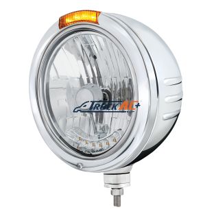 SS Bullet Embossed Stripe Headlight H4 With 6 Amber LEDs & Dual Mode LED Signal -Amber Lens - United Pacific 32760