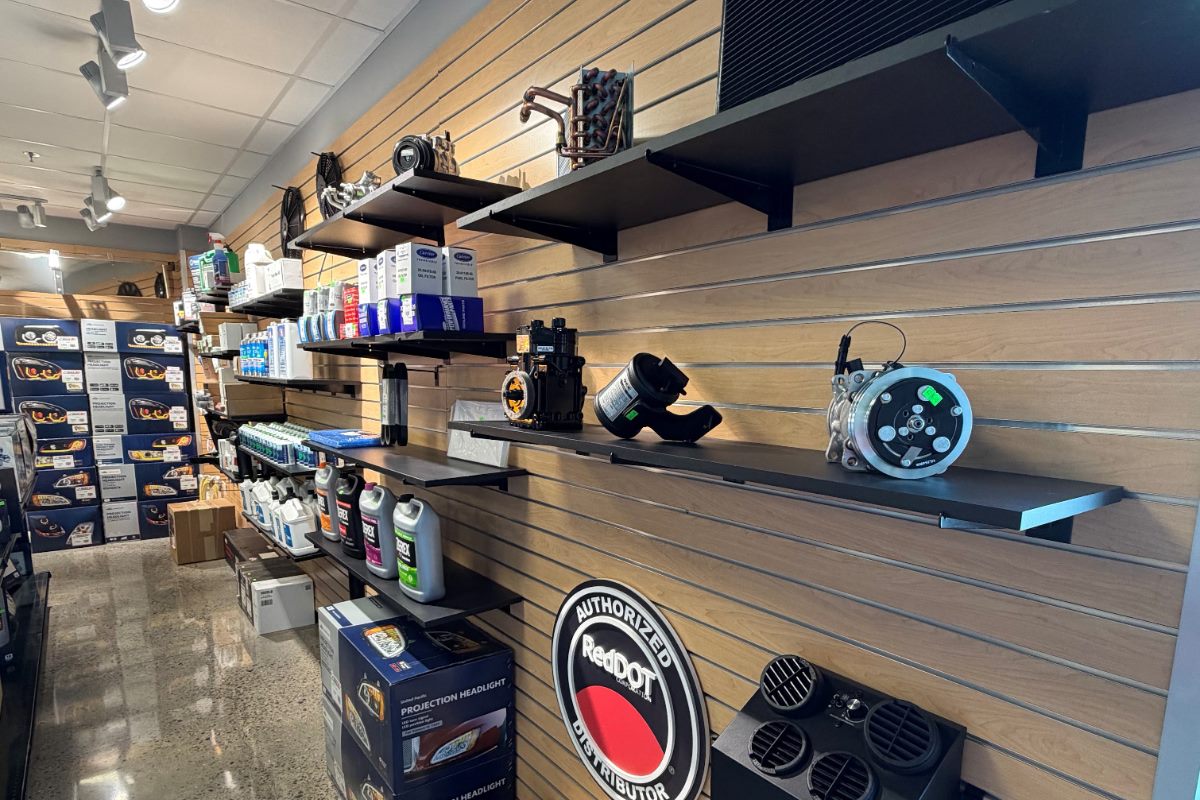 A/C parts wall inside the TruckAC+ showroom