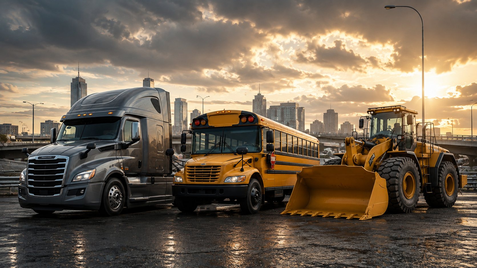 Heavy-duty truck, school bus and wheel loader representing the truck, bus and off-road applications TruckAC+ supplies parts for